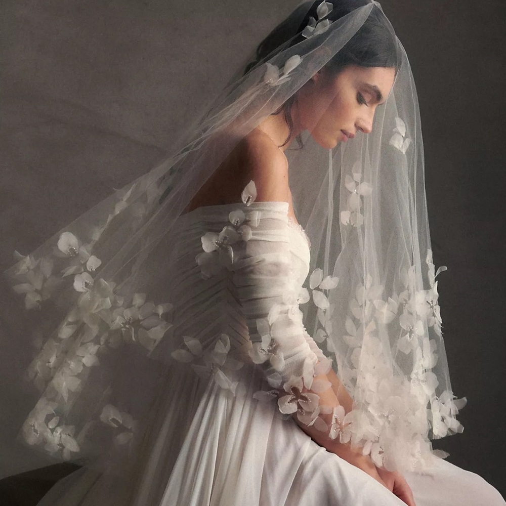 Anthropologie White Floral Appliqué Bridal Veil